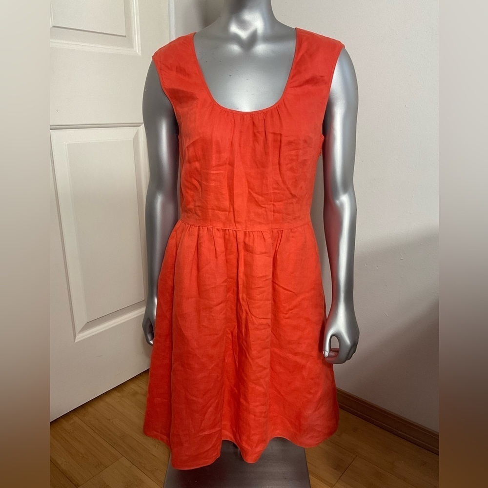 J Crew Orange 100% Linen Crew Neck Side Zip Pockets Dress Women Size 6